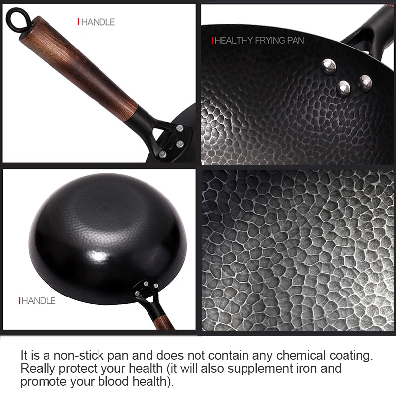 32cm Cast Iron Wok with Wooden Handle and Lid by HitMyNeed