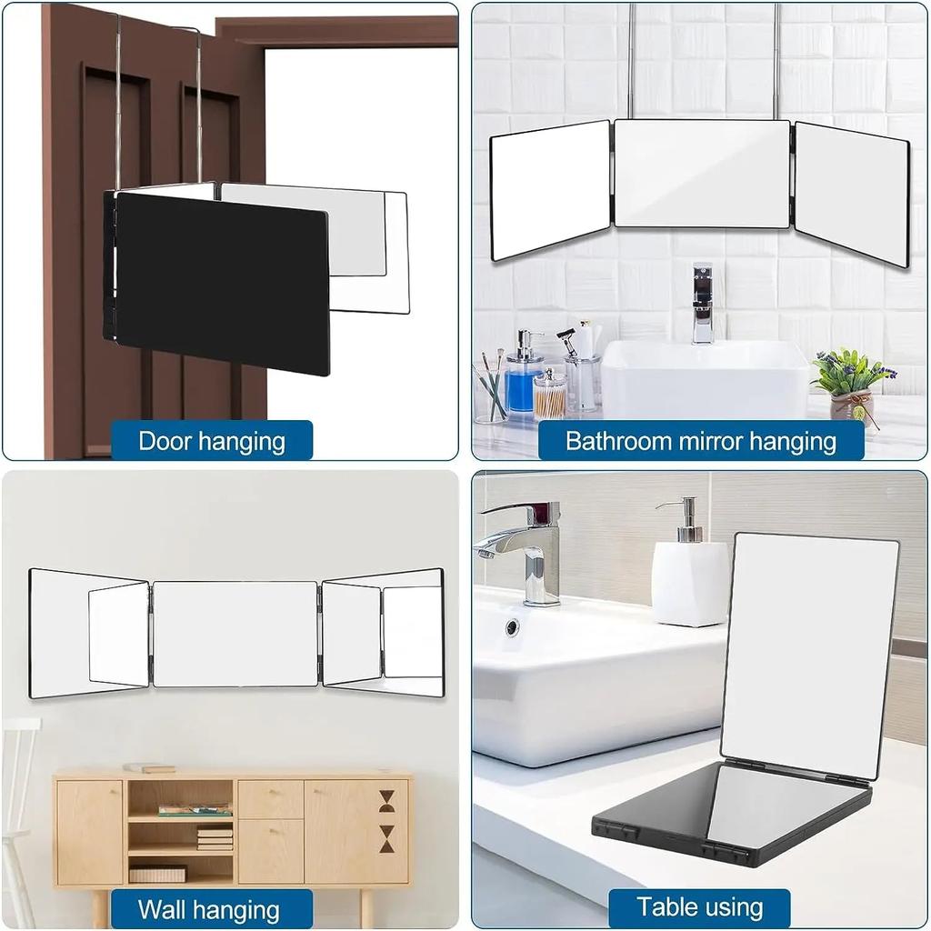 Black Portable 360 Trifold Mirror with Hooks by HitMyNeed