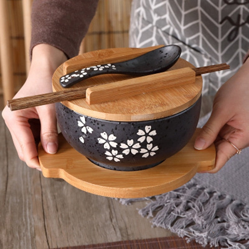 Ceramic Noodle Bowl with Chopsticks, Spoon & Lid Set by HitMyNeed