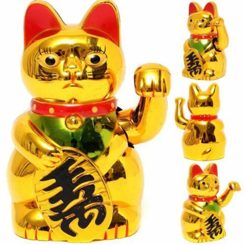 Chinese Lucky Cat Gold Waving Maneki Neko 13.5cm by HitMyNeed