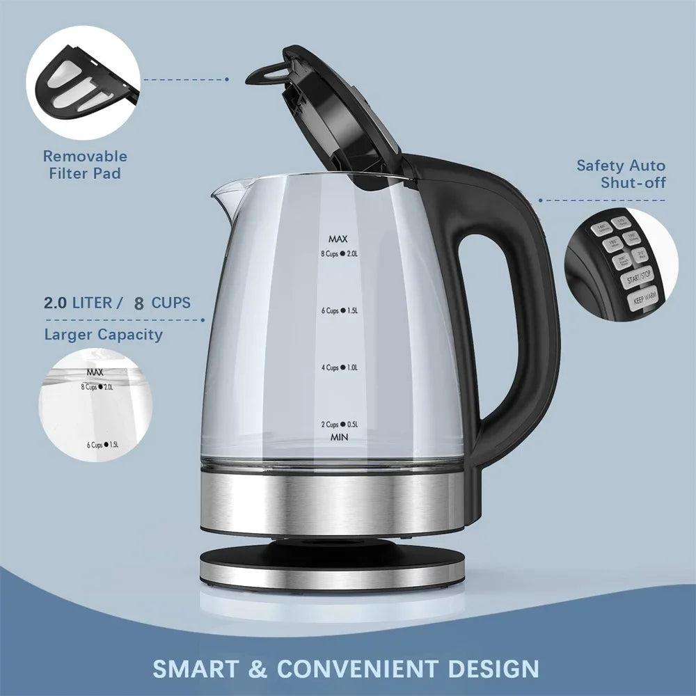 Electric Glass Kettle 2L with Temp Control & Keep Warm by HitMyNeed