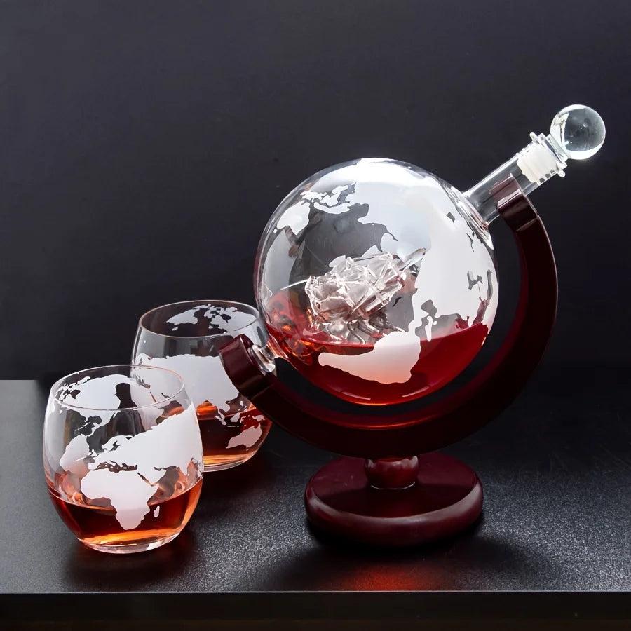 Globe Whiskey Decanter Set with Wood Stand & 2 Glasses by HitMyNeed
