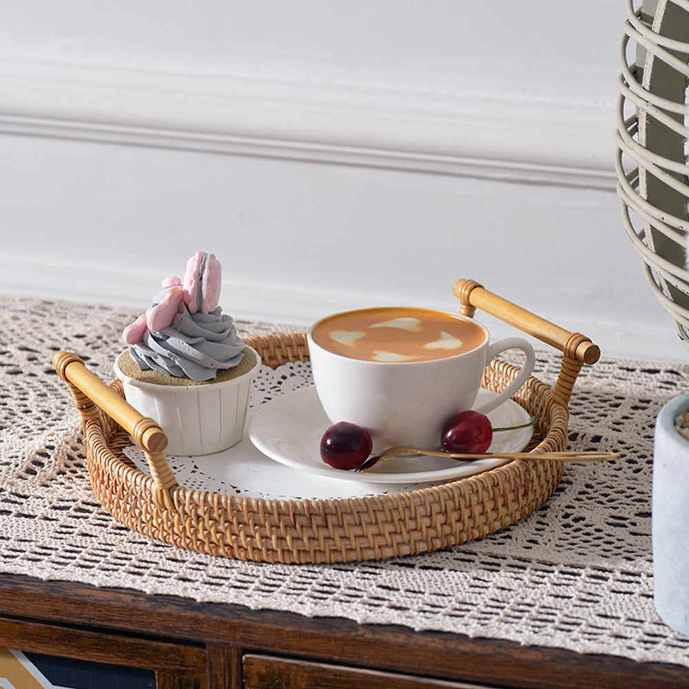 Handwoven Rattan Round Serving Tray with Handles by HitMyNeed