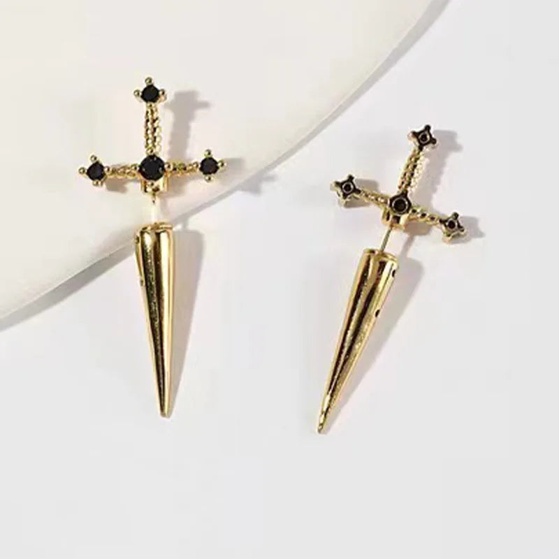 Kinitial Gothic Removable Sword Dagger Earrings gold by HitMyNeed