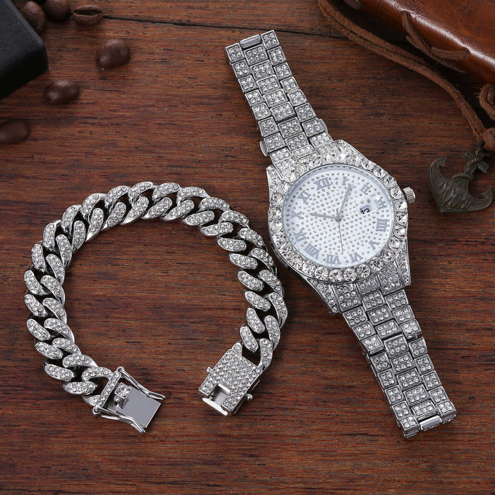 Men's Hip Hop Watch & Diamond-Style Bracelet Set by HitMyNeed