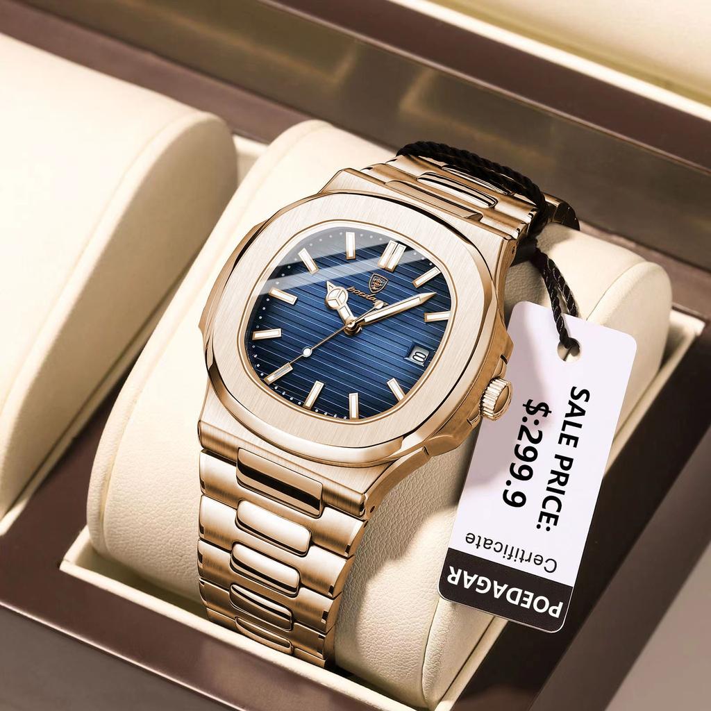 Men's Stainless Steel Square Quartz Watch, Date by HitMyNeed
