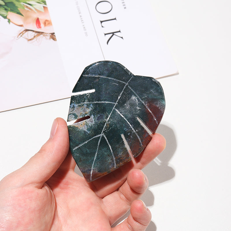 Natural Moss Agate Crystal Leaf Carving 8cm by HitMyNeed