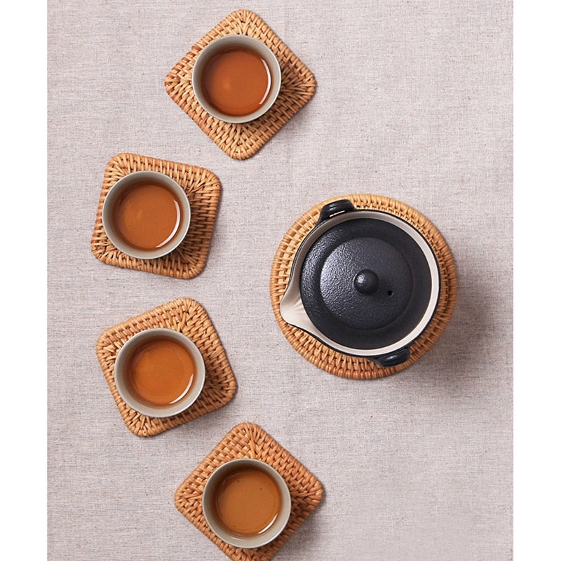 Rattan Coaster Set with Holder, 6 Pieces by HitMyNeed