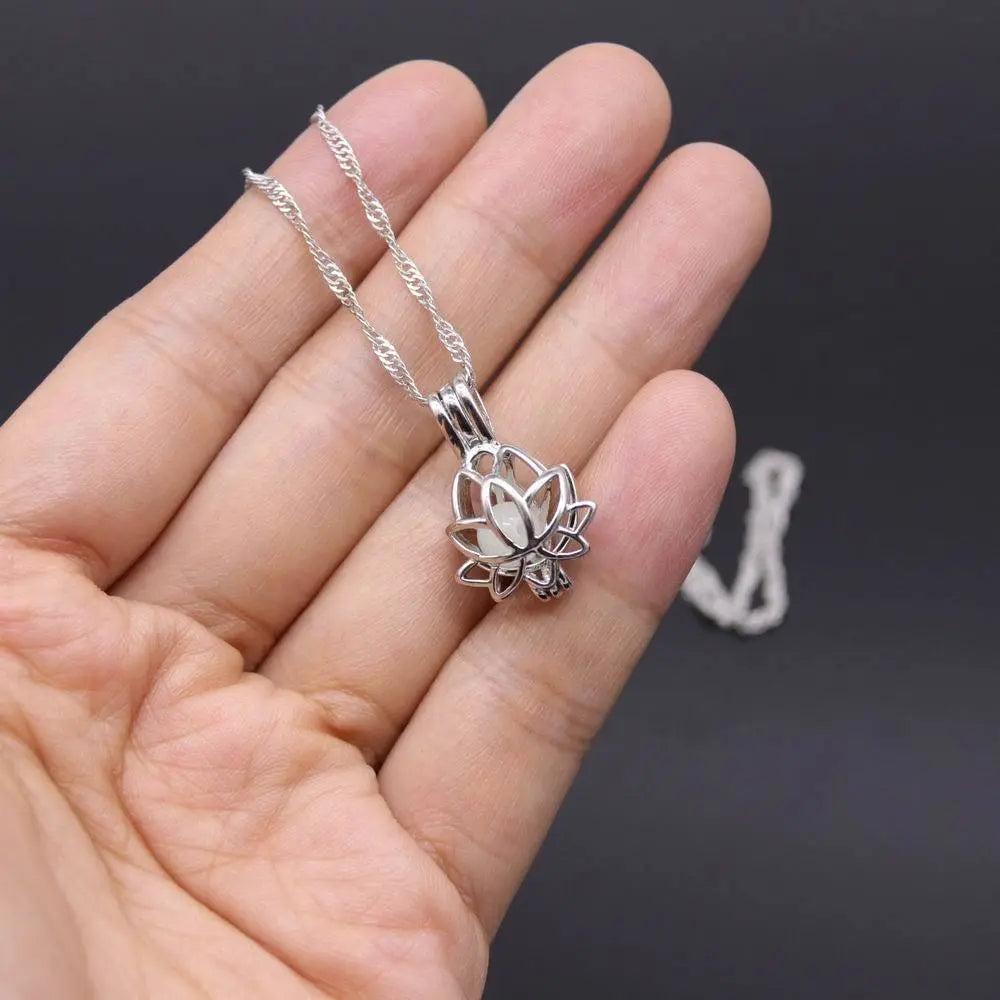 Silver Luminous Lotus Necklace with Glow-in-the-Dark Stone by HitMyNeed