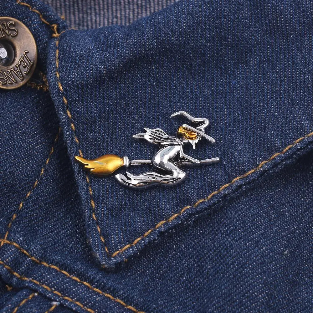 Vintage Witch on Broom Metal Brooch Pin by HitMyNeed