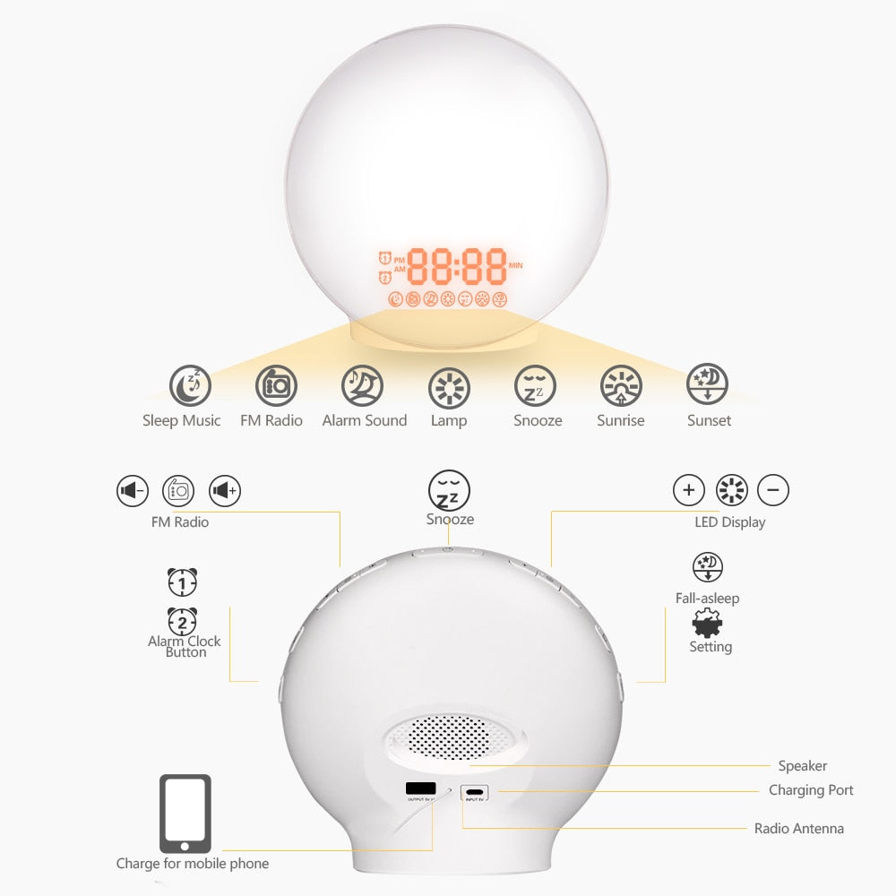 Wake Up Light Digital Alarm Clock with Sunrise by HitMyNeed