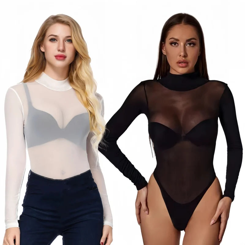 Women's Black Mesh See-Through Bodycon Bodysuit Top by HitMyNeed