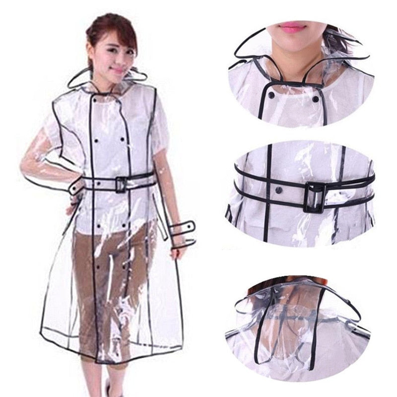 Women's Clear Hooded Raincoat with Belt by HitMyNeed
