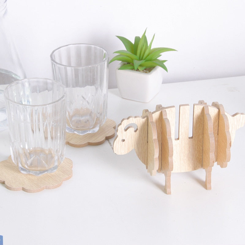 Wooden Cup Coaster Set with Sheep Stand, 6 Pieces by HitMyNeed