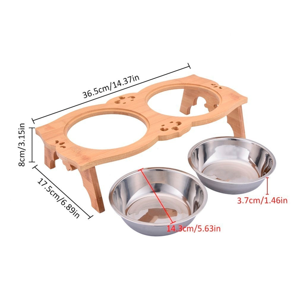 Wooden Elevated Dog Bowl Stand with Dual Stainless Bowls by HitMyNeed