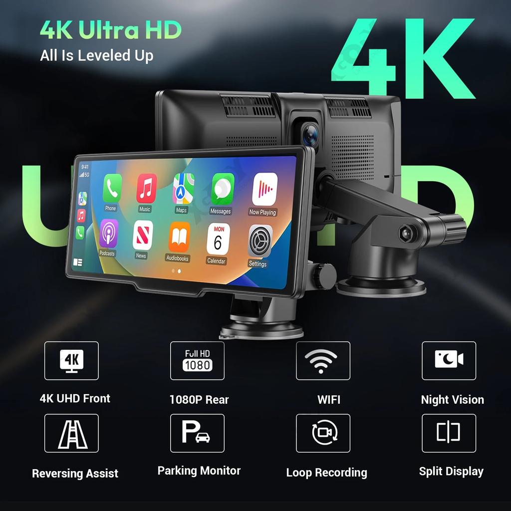 10" 4K Dash Cam with Wireless CarPlay & Android Auto by HitMyNeed