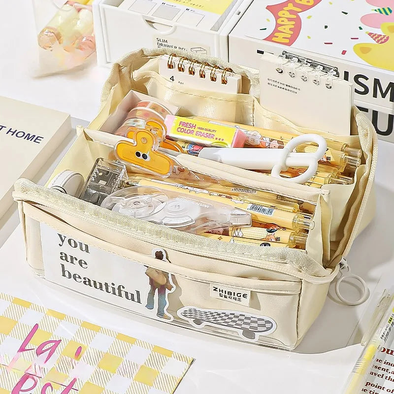 10-Tier Transparent Kids Pencil Case with Large Capacity beige by HitMyNeed