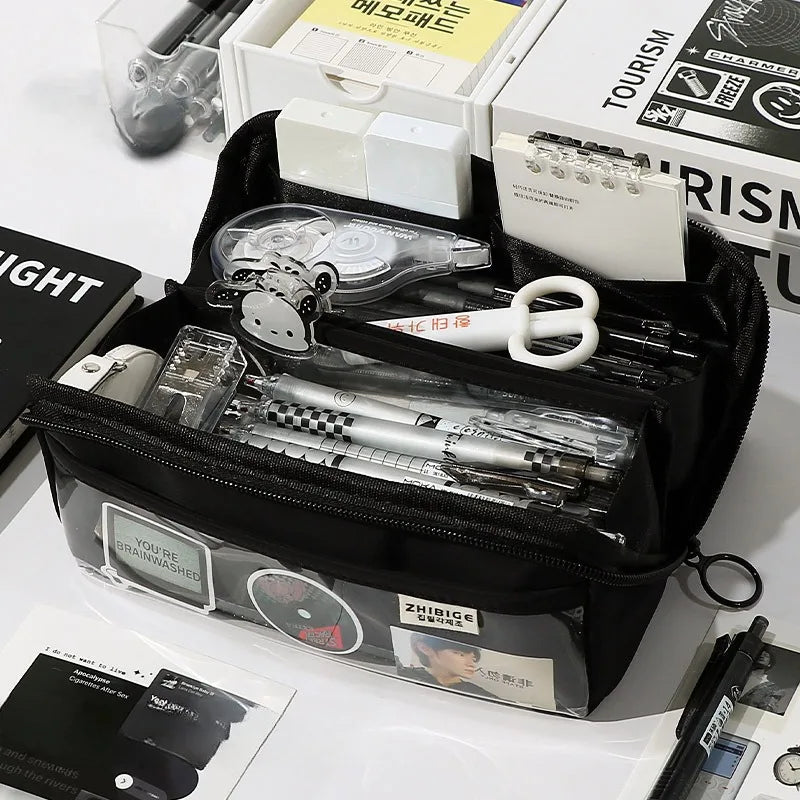 10-Tier Transparent Kids Pencil Case with Large Capacity black by HitMyNeed