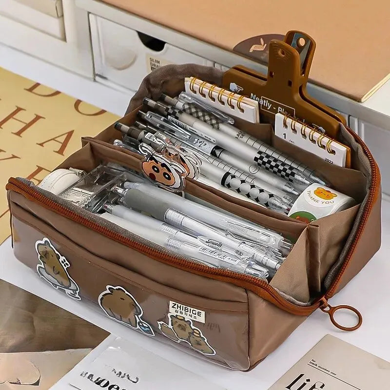 10-Tier Transparent Kids Pencil Case with Large Capacity coffee-color by HitMyNeed