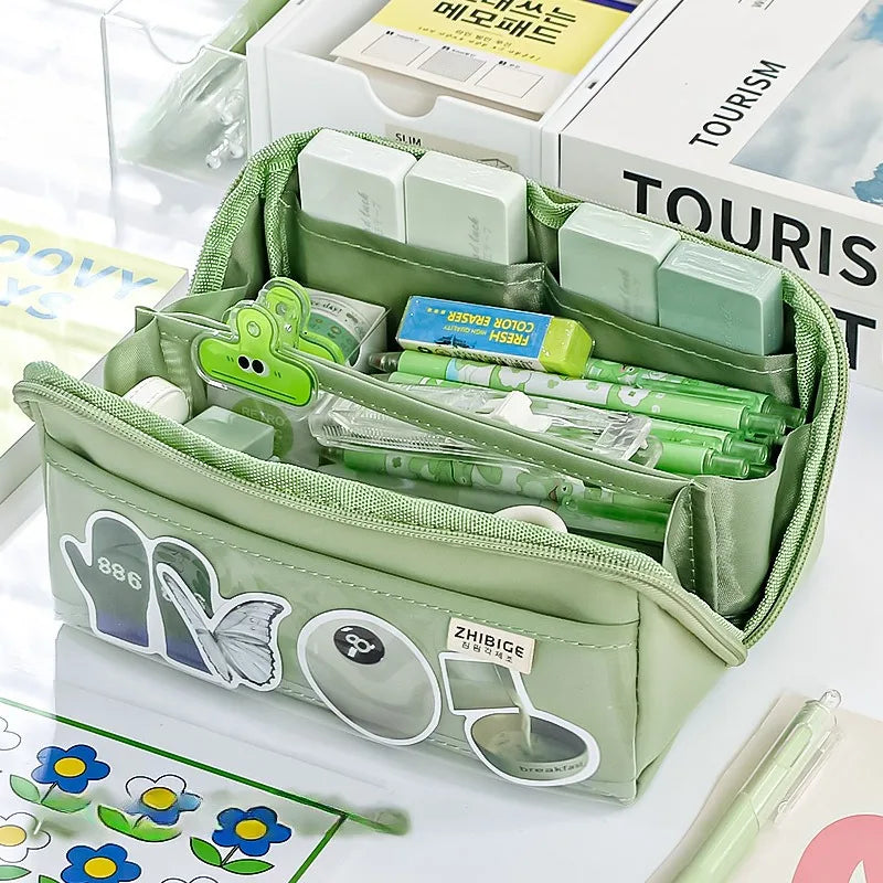 10-Tier Transparent Kids Pencil Case with Large Capacity green by HitMyNeed