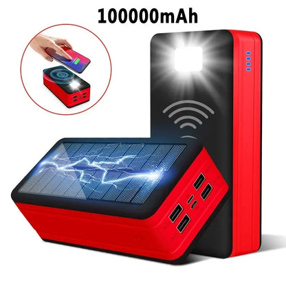 100000mAh Solar Power Bank with 4 USB & Wireless Charge red-100000mah by HitMyNeed