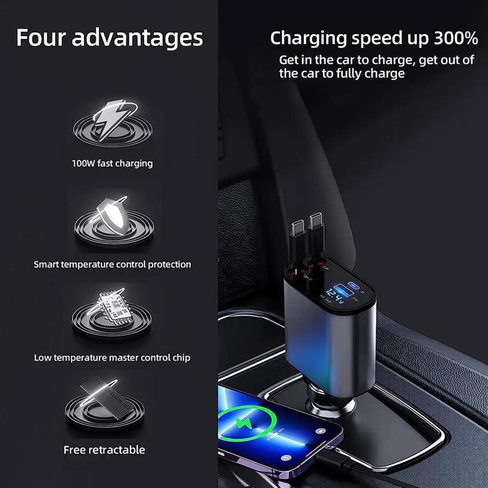100W 4-in-1 Retractable Car Charger with LED Display by HitMyNeed