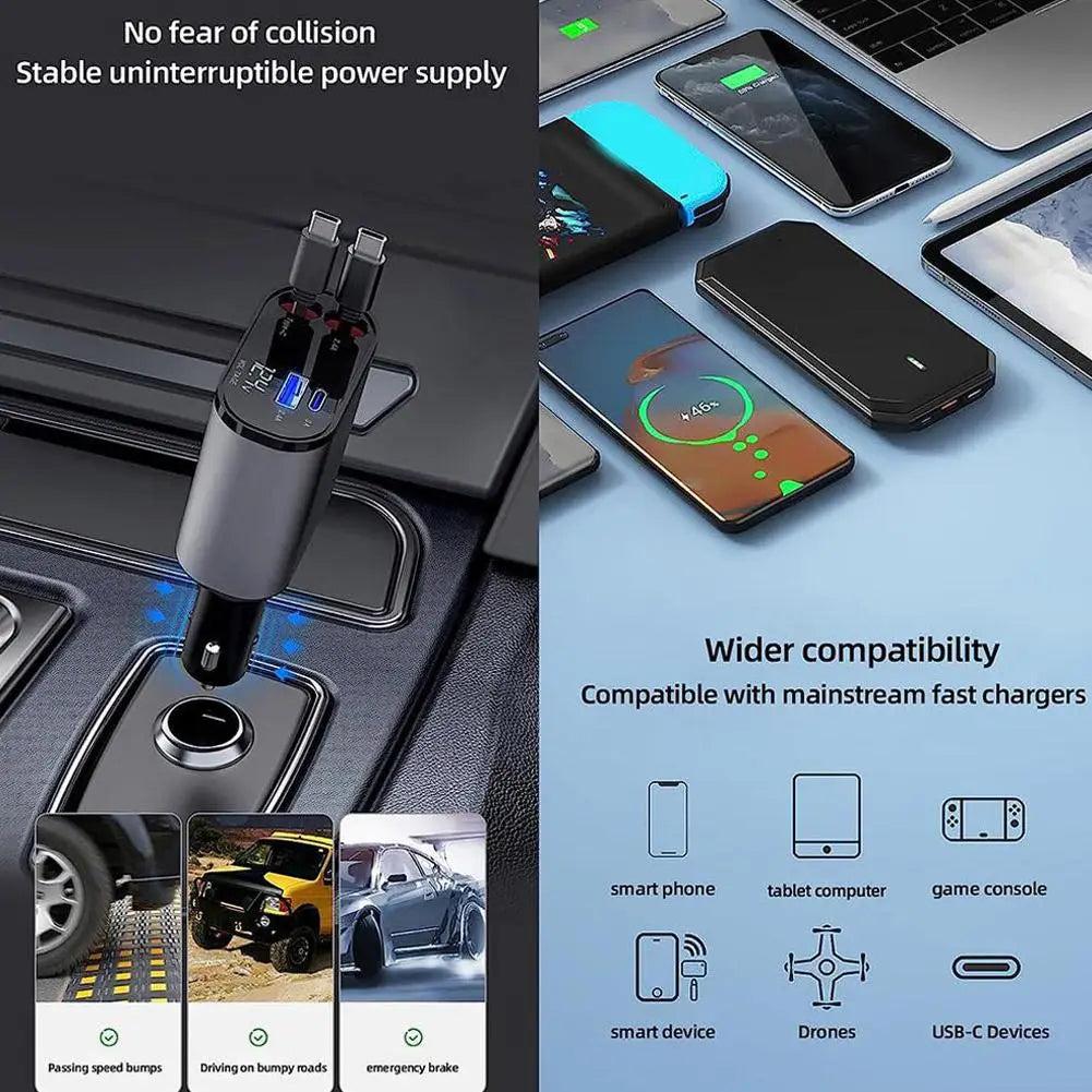 100W 4-in-1 Retractable Car Charger with LED Display by HitMyNeed