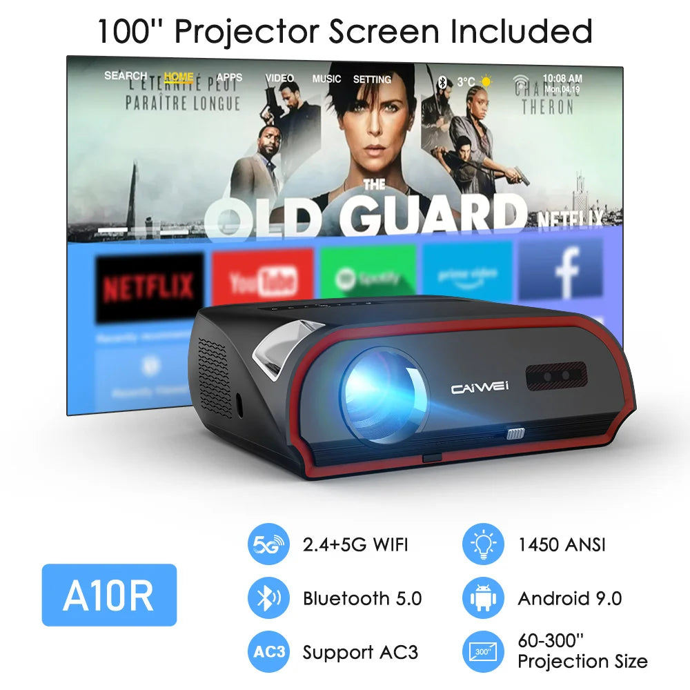 1080p Home Theater Projector with 4K Support, WiFi & Screen a10r-black uk-plug by HitMyNeed