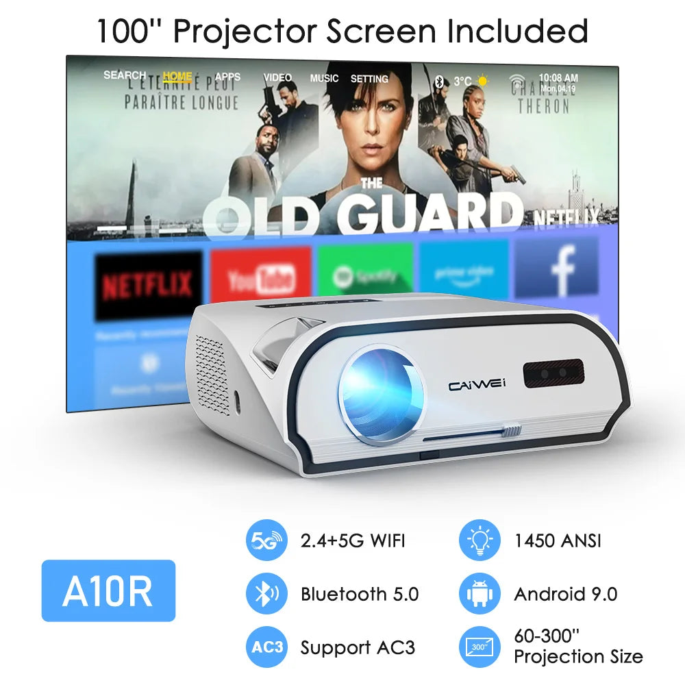 1080p Home Theater Projector with 4K Support, WiFi & Screen a10r-white uk-plug by HitMyNeed