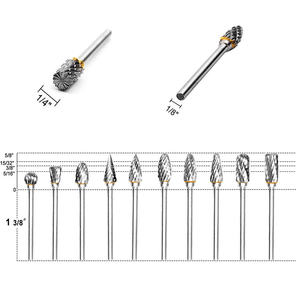 10pc 1/8" Tungsten Carbide Rotary Burr Set by HitMyNeed
