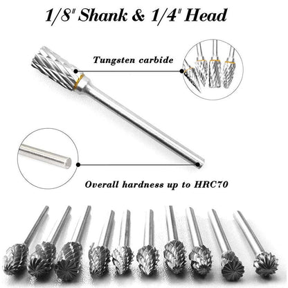 10pc 1/8" Tungsten Carbide Rotary Burr Set by HitMyNeed