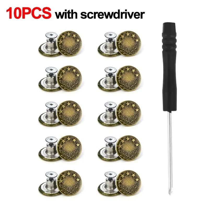 10Pcs No-Sew Metal Jeans Button Repair Kit b-with-screwdriver by HitMyNeed