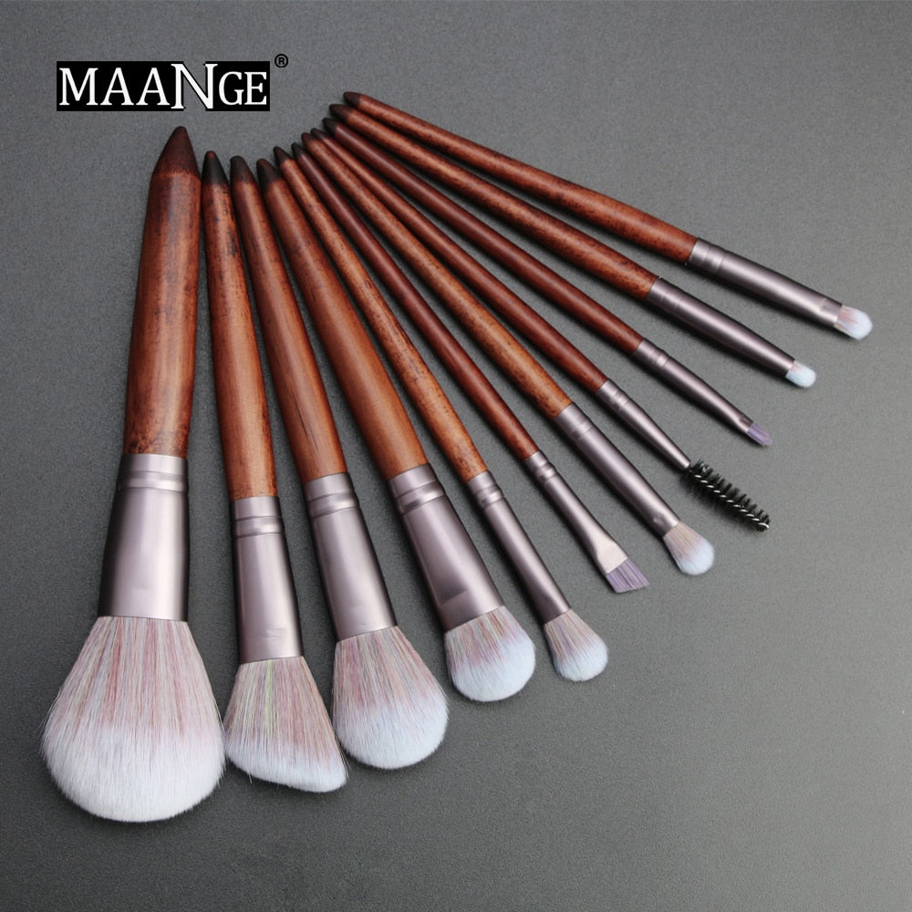 11-Piece Face Makeup Brush Set with Wooden Handles by HitMyNeed