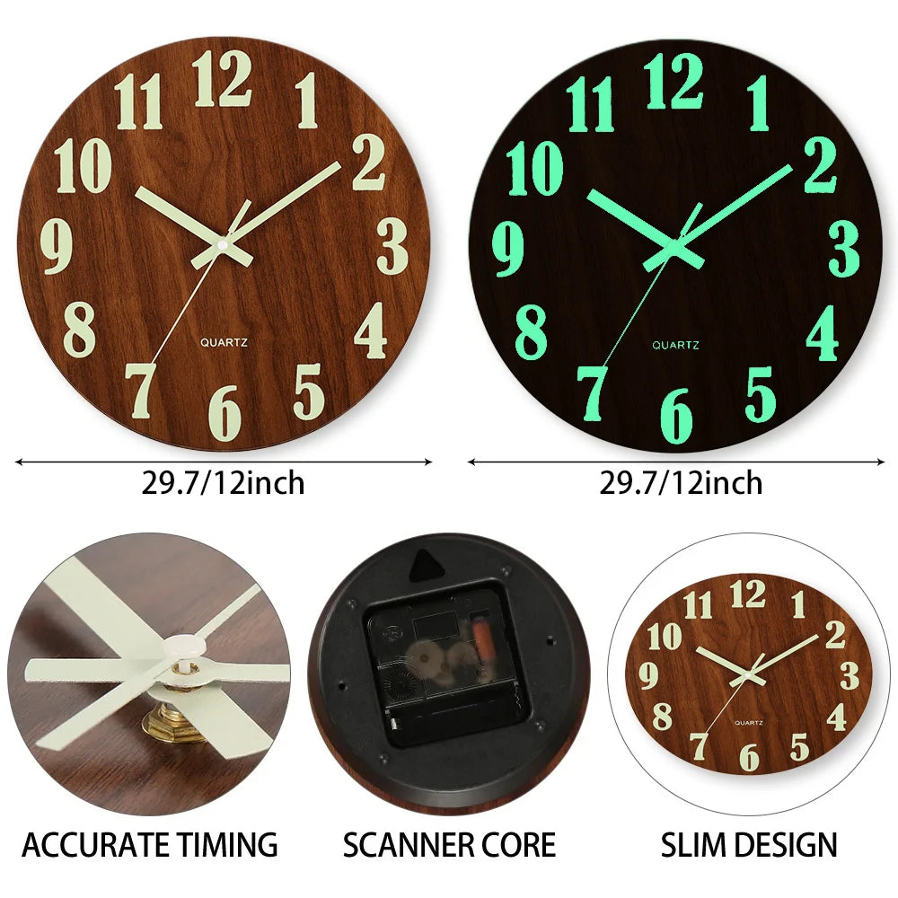 12 Inch Luminous Silent Nordic Wood Wall Clock by HitMyNeed