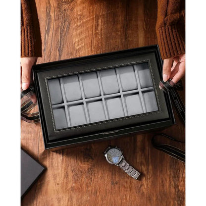 12 Slot Leather Lockable Watch & Jewelry Box, 2-Tier by HitMyNeed