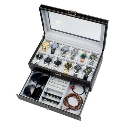 12 Slot Leather Lockable Watch & Jewelry Box, 2-Tier by HitMyNeed