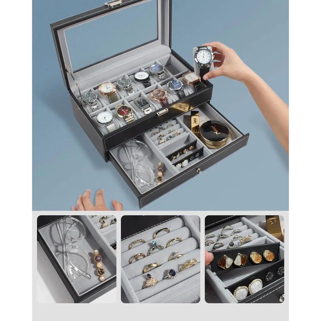 12 Slot Leather Lockable Watch & Jewelry Box, 2-Tier by HitMyNeed