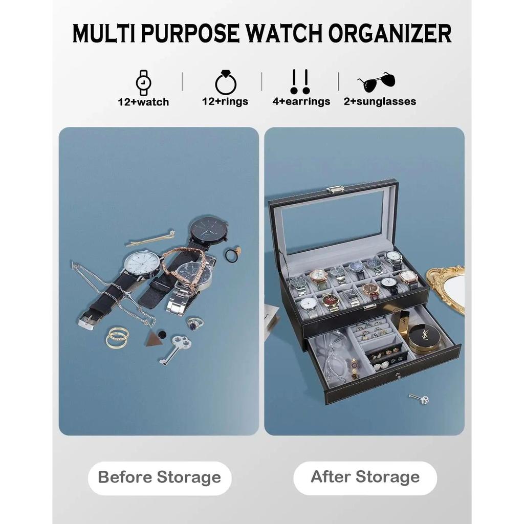 12 Slot Leather Lockable Watch & Jewelry Box, 2-Tier by HitMyNeed