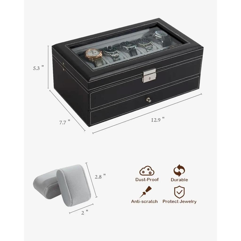 12 Slot Leather Lockable Watch & Jewelry Box, 2-Tier by HitMyNeed