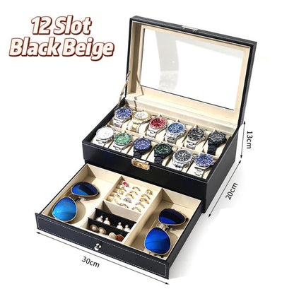 12 Slot Leather Lockable Watch & Jewelry Box, 2-Tier black-beige by HitMyNeed