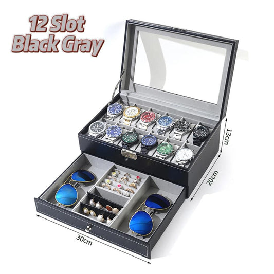 12 Slot Leather Lockable Watch & Jewelry Box, 2-Tier black-gray by HitMyNeed