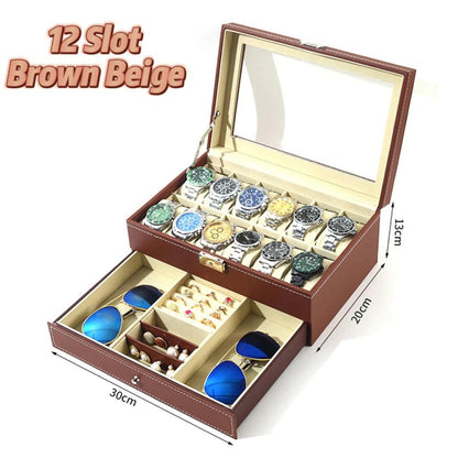 12 Slot Leather Lockable Watch & Jewelry Box, 2-Tier brown-beige by HitMyNeed