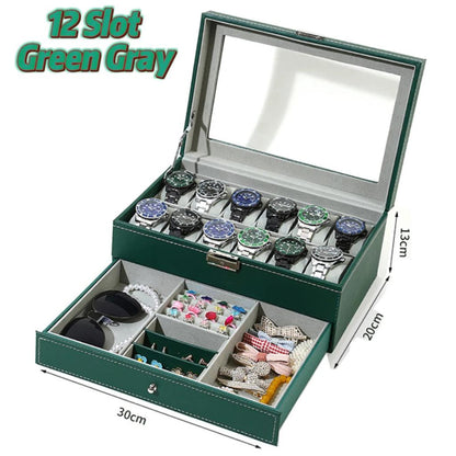 12 Slot Leather Lockable Watch & Jewelry Box, 2-Tier green-gray by HitMyNeed