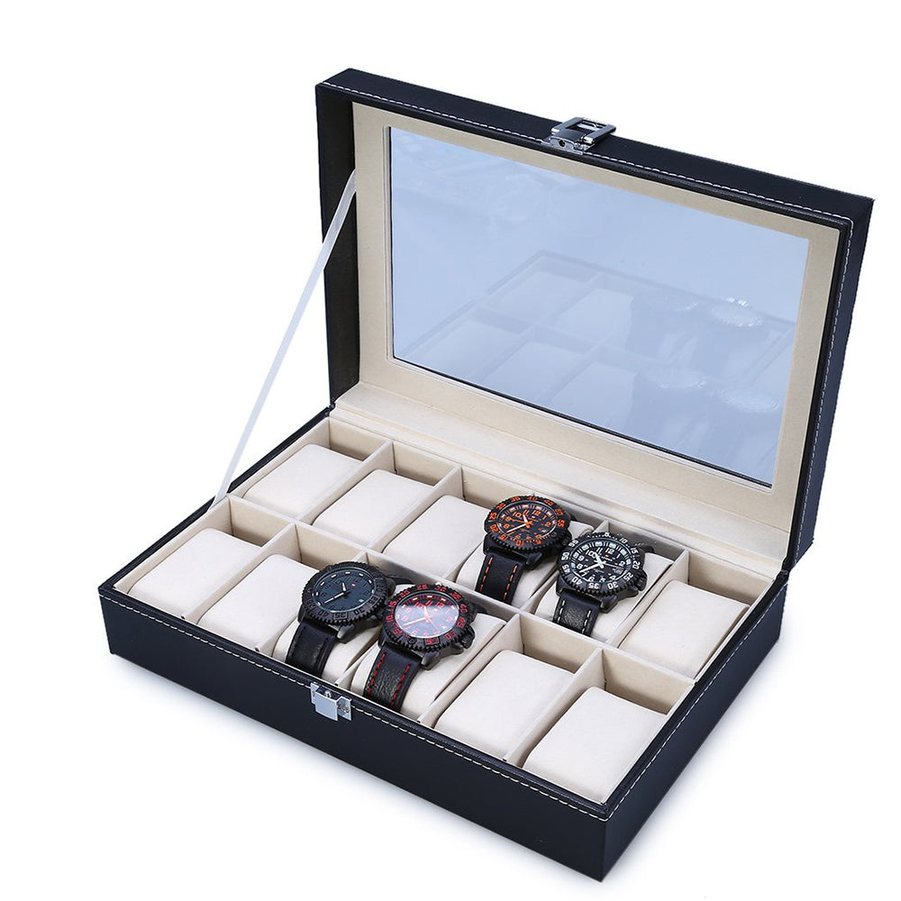 12-Slot Leather Watch Display Case with Glass Lid by HitMyNeed