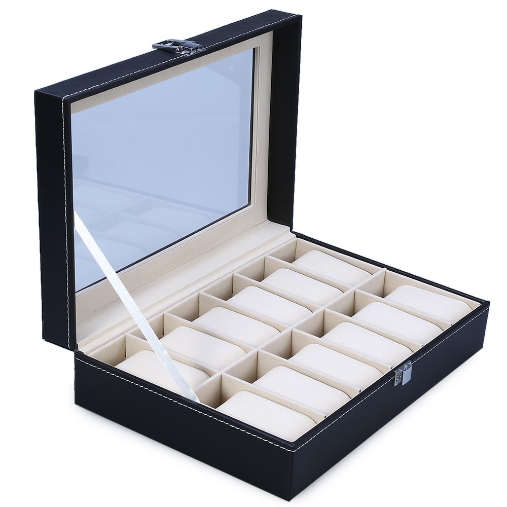12-Slot Leather Watch Display Case with Glass Lid by HitMyNeed