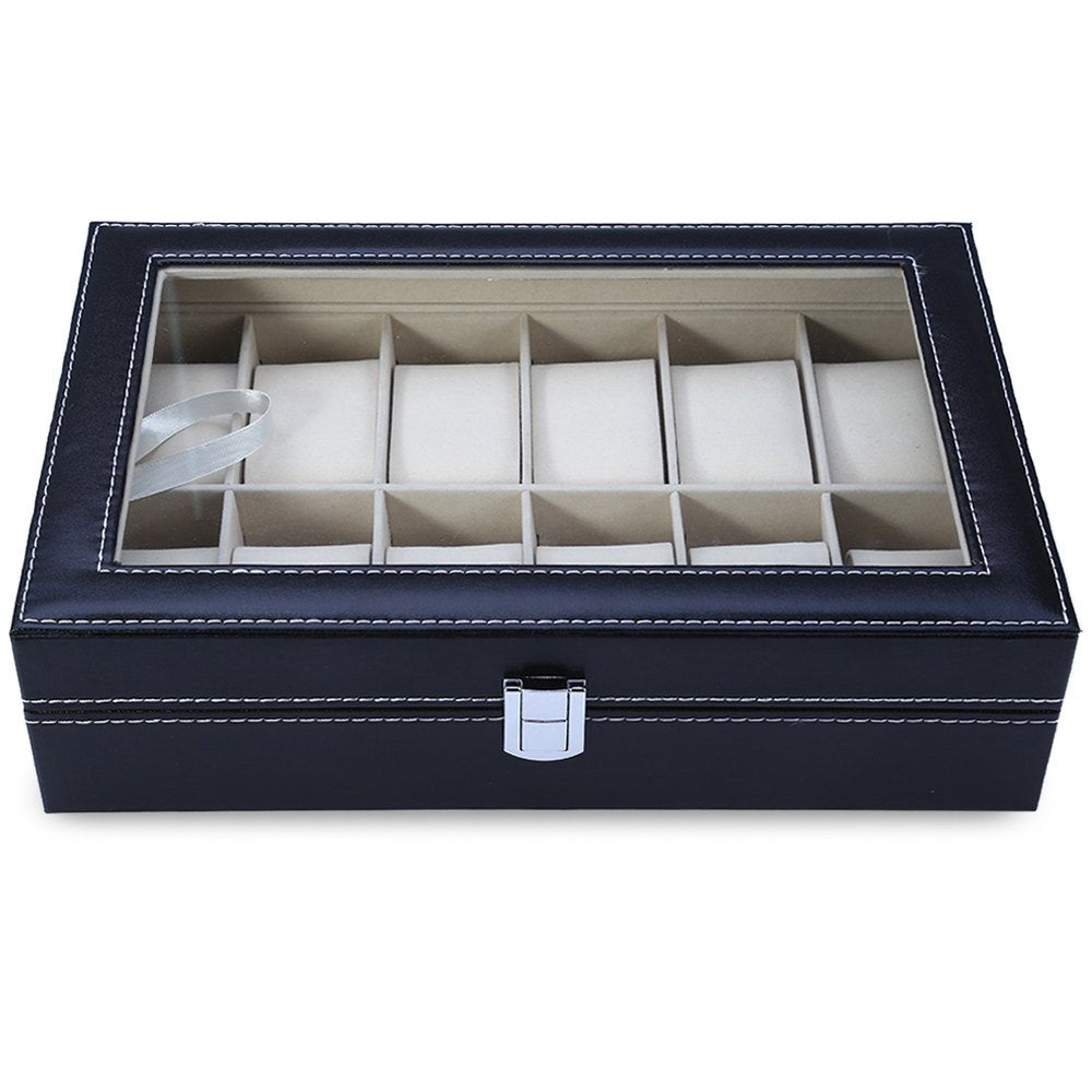 12-Slot Leather Watch Display Case with Glass Lid by HitMyNeed