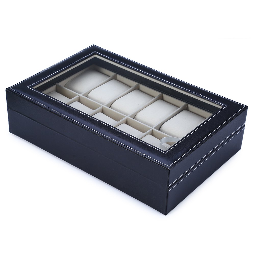 12-Slot Leather Watch Display Case with Glass Lid by HitMyNeed