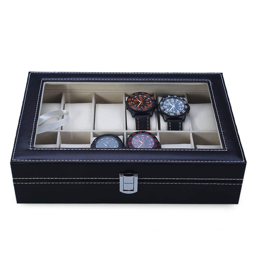 12-Slot Leather Watch Display Case with Glass Lid by HitMyNeed