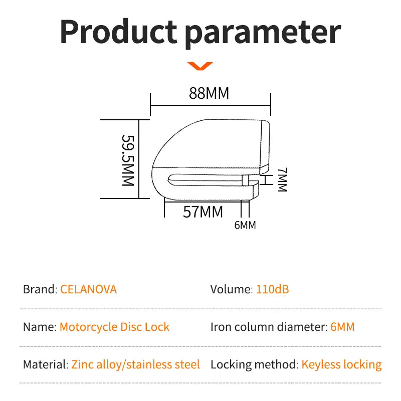 Motorcycle Disc Brake Lock with Alarm and Reminder Cable