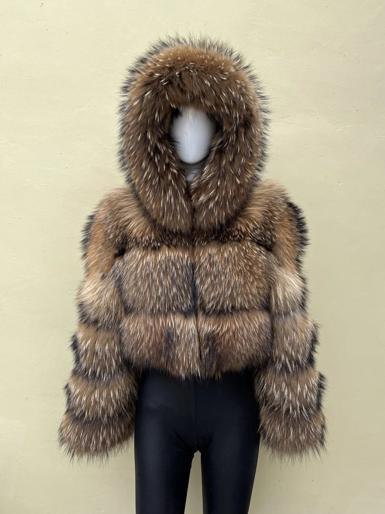 Women's Long Real Raccoon Fur Winter Coat